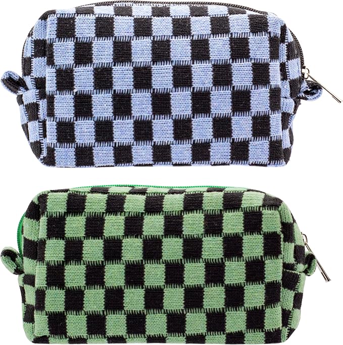 Checkered Makeup Bag for Purse, Small Cosmetic Pouch,Green Blue,2 Pack | Cute Zipper Makeup Organizer for Women, Travel Essentials, Toiletries, Makeup Brushes, Beauty Accessories&Bridesmaid Gifts