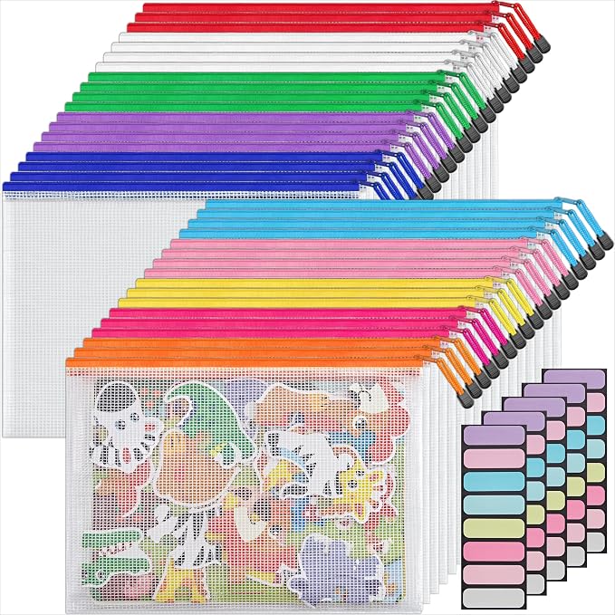 JARLINK A4 Mesh Zipper Pouch Bags, 36 Pcs Waterproof Zipper Pouch Bags | Multi-use Mesh Bags for Board Games & Puzzles, Office School Supplies, Toys, Cosmetics Travel Storage, 10 Colors, Lettle Size