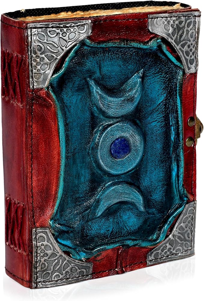3 Moon Blue Lapis Embossed Vintage Leather Journal | 240 Pages of Antique Handmade Deckle Edge Vintage Paper, Leather Sketchbook, Embossed Drawing Journal (5x7 inch, Teal Blue)