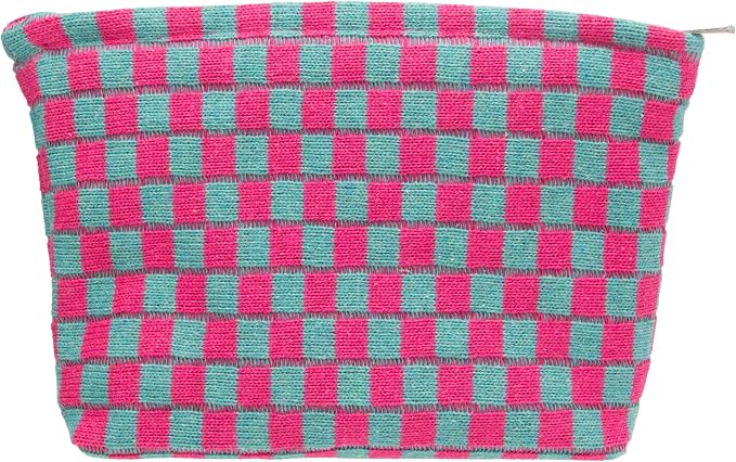 Checkered Makeup Bag for Purse, Small Flat Cosmetic Pouch,Magenta Green | Cute Zipper Makeup Organizer for Women, Travel Essentials, Toiletries, Makeup Brushes, Beauty Accessories&Bridesmaid Gifts