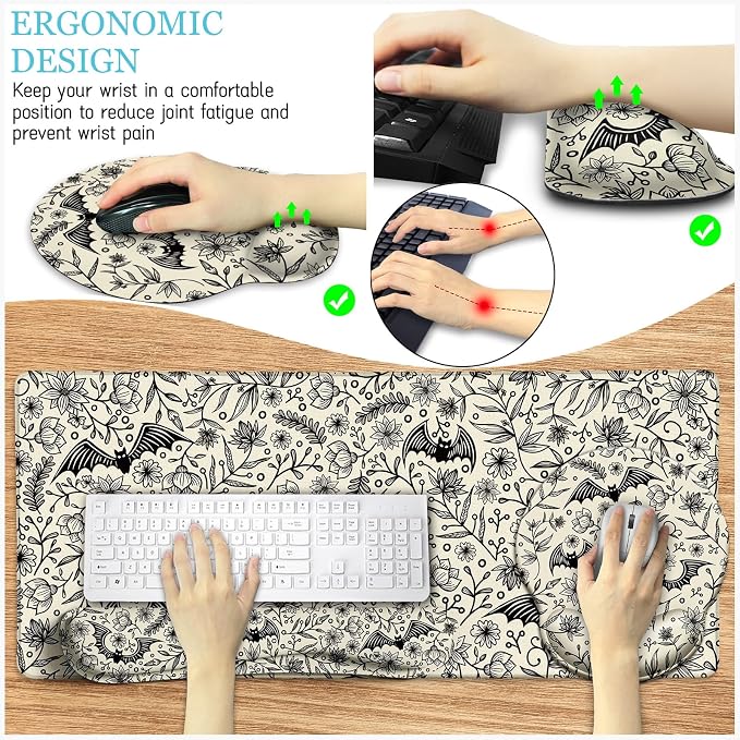 LIMKRIAN Goth Bat Ergonomic Mouse Pad Set, Large Desk Mat for Desktop | Comfort Wrist Rest for Computer Keyboard Mat Wrist Support, Coaster, Gothic Gaming Office Desk Accessories Decor Supplies