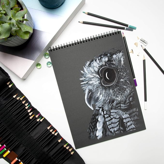 Black Paper Sketch Pad - 12 x 9 (Pack of 2) 30 Sheets (90lb/150gsm), Top Spiral Bound with Perforated Pages for All Dry Media Graphite & Colored Pencils, Gouache, Charcoal, Gel Pens, Chalk