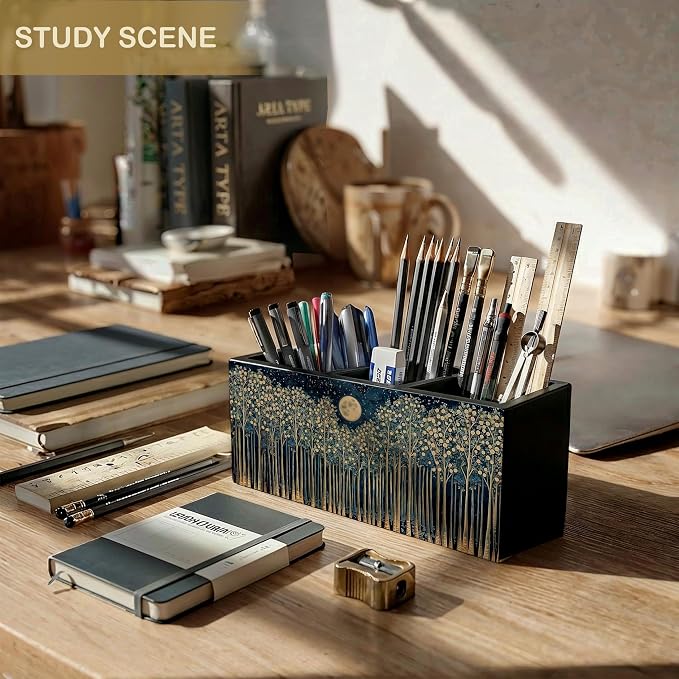 Rustic Night Moon Forest William Morris Inspired Wooden Pencil Pen Holder for Desk Organizers and Accessories, Vintage Nature Botanical Makeup Brush Holder Organizer for Bathroom Vanity