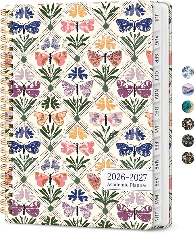 Planner 2026-2027, Academic Monthly and Weekly Calendar Planner for Women, July 2026 - June 2027, Hardcover Pretty Agenda Planner Book with Tabs, Spiral Daily Organizer for School Office Home Supplies, 6.3" x 8.5" - Butterfly Patchwork
