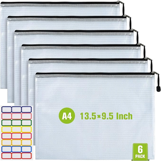 6PCS Mesh Zipper Pouch Bags: A4 Clear Zipper Pouches for Classroom, Black | 13.5 x 9.5 Inch Plastic Mesh Bag Letter Size Document Pouch, Waterproof Organizing Pouch for School and Office Supplies