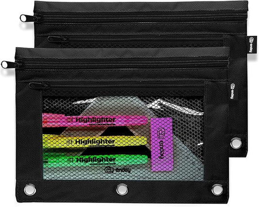 Enday Black Pencil Pouch For 3 Ring Binder, Zippered Binder Pencil Pouches, 3 Ring Pencil Pouch for Binder, Pencil Case for Binder, Large Pencil Bags for School, Home, and Office (2 Pack)