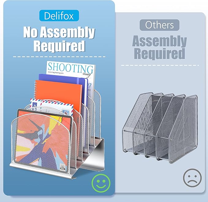 Delifox Inclined Desk File Organizer,Vertical File Folder Holder Stand Metal Rack File Sorter for Office Classroom Desktop Organization (1, Silver, 5)