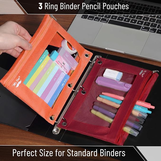 Mr. Pen- Pencil Pouch for 3 Ring Binder, 2 Pack, 10"x6.75", Smooth Zipper | Clear Window, Large Capacity Pencil Case with 3 Reinforced Grommets for School, Office, Supplies Storage | Clear Window, Large Capacity Pencil Case with 3 Reinforced Grommets f...