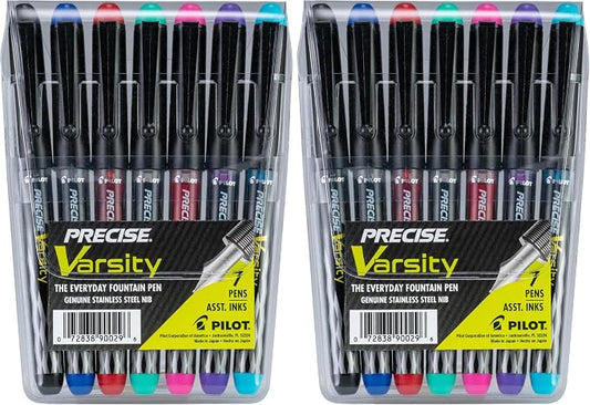 PILOT Pen 90029 Precise Varsity Pre-Filled Fountain Pens,Medium Point Stainless Steel Nib,Black/Blue/Red/Pink/Green/Purple/Turquoise,Pouch,7 Count (Pack of 2)