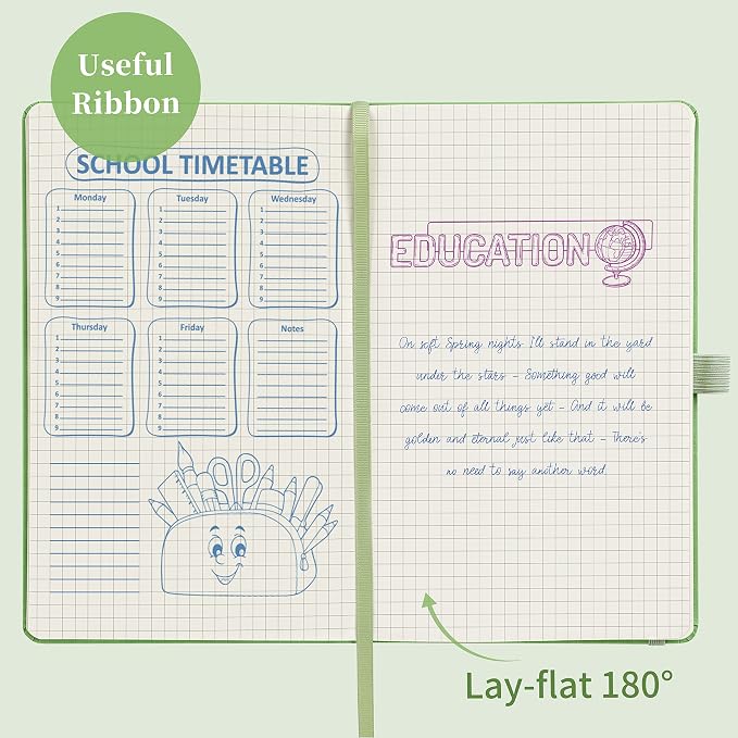 Graph Grid Paper Notebook/Journal - Classic Journal/Notebook with Ribbon Divider, Hardcover with Thick Paper, 5.3" x 8.26", Banded + Pen Holder +Inner Pocket - Light Green