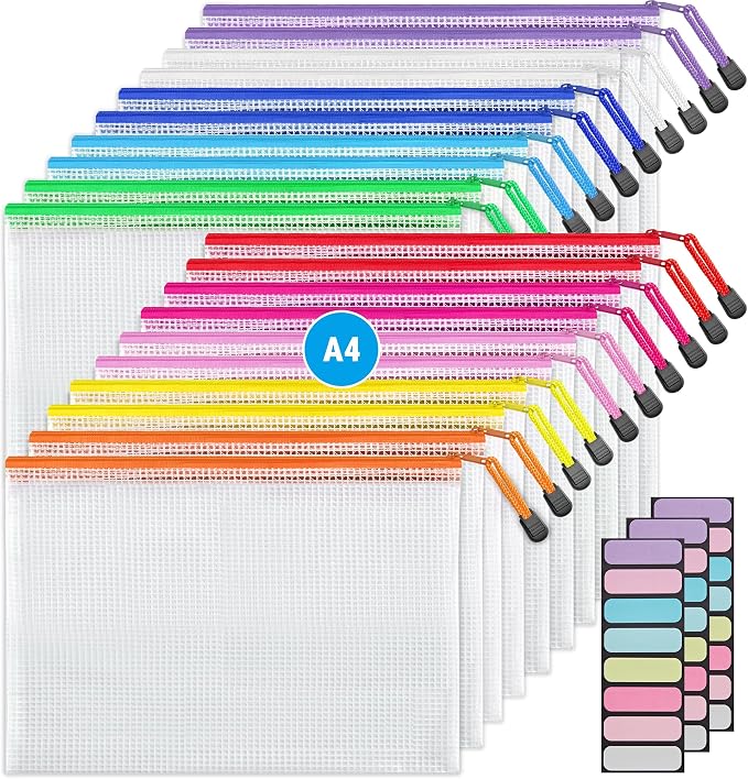 JARLINK A4 20pcs Mesh Zipper Pouch Bag, Waterproof Zipper Pouch for Storage | Sturdy Letter Size File Organizer, Office School Classroom Teacher Supplies, Toy, Board Games & Puzzles Storage, 10 colors