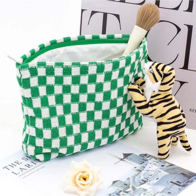 PAZIMIIK Checkered Makeup Bag for Purse, Small Flat Cosmetic Pouch,Green | Cute Zipper Makeup Organizer for Women, Travel Essentials, Toiletries, Makeup Brushes, Beauty Accessories&Bridesmaid Gifts
