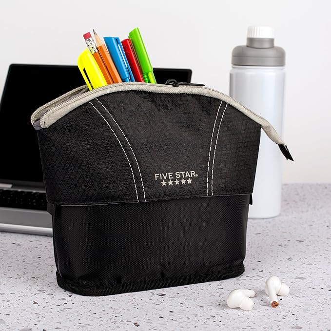Five Star Pencil Pouch, Pen Case, Quick View Expandable Zipper Pouch, Storage Organizer for School Supplies Earbuds Chargers Cables Makeup, Black/Grey (507610A-ECM) 7.125 x 7.125 inches (Pack of 6)