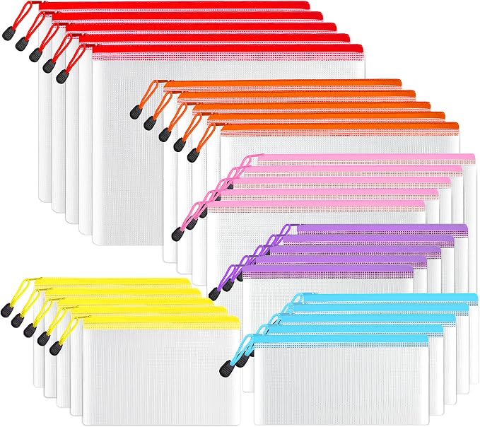 SUNEE Multisize Mesh Zipper Pouch (6 Colors, 30 Packs), Mesh Bags with Zipper for School Office Supplies, Puzzles & Games, Accessories