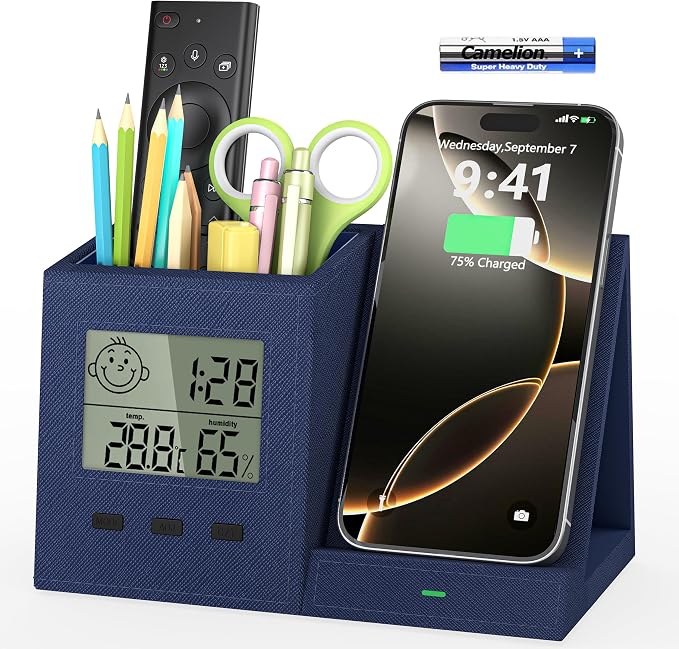 Desk Organizer with Wireless Charger, Digital Clock, Thermometer & Hygrometer - Multi-Functional Pencil Holder, Office Desk Accessories Storage Caddy for Home, Office, Men, Women (Battery Included)