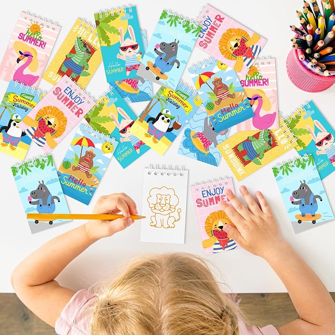 24Packs Hello Summer Mini Notepads Cute Cartoon Animal Spiral Notebooks Pocket Journal Memo Pads for Hawaii Beach Themed Birthday Gifts Goodie Bag Stuffers Office School Classroom Rewards