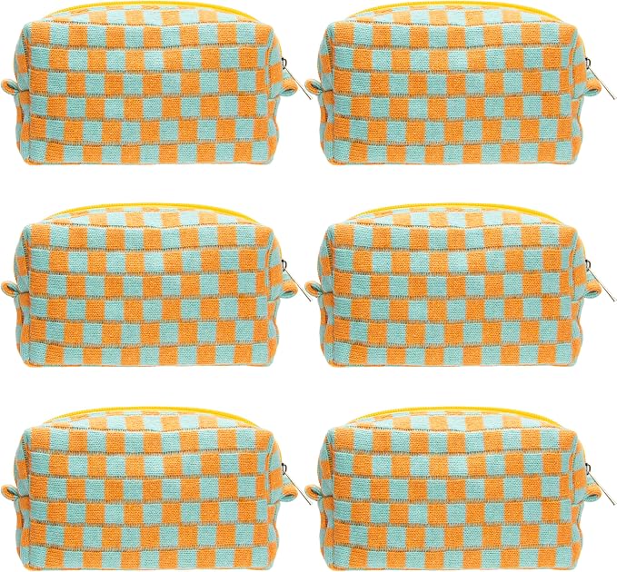 Checkered Makeup Bag for Purse, Small Cosmetic Pouch,Orange Green,6 Pack | Cute Zipper Makeup Organizer for Women, Travel Essentials, Toiletries, Makeup Brushes, Beauty Accessories&Bridesmaid Gifts