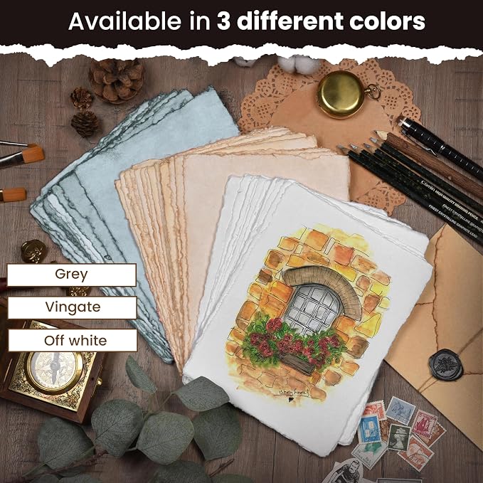LEATHER VILLAGE Grey Deckled Edge Watercolor Paper 25 Sheets 6x8 Inches | Handmade cotton rag paper in soft grey tone, 150 GSM thick for calligraphy, letter writing, invitations and ink art