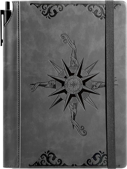 CAGIE Compass Leather Journal Gift for Men - Vintage Writing Notebook with Pen, 100 GSM 288 Page Lined Journal A5 Hardcover, 180° Lay Flat, Daily, Travel, Office & Gift Idea
