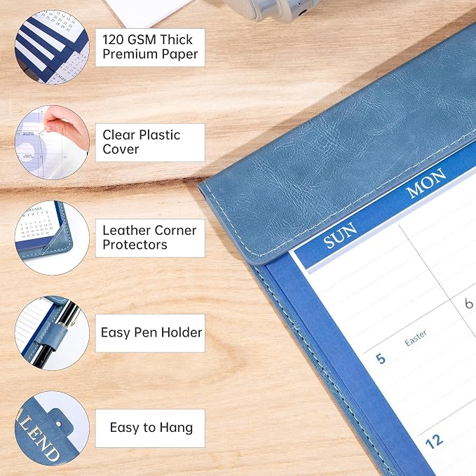 Yoment Desk Calendar 2026-2027 with Desktop Mat, Large Desk Pad Calendar from Now to December 2027, 18 Months Leather Desktop Wall Calendar with Plastic Cover for Home Office School,17x 12,Blue