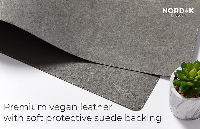 Nordik Leather Desk Mat Cable Organizer - Alaskan Gray 35 X 17 inch - Premium Extended Mouse Mat for Home Office Accessories - Non-Slip Vegan Leather Desk Pad Protector & Desk Blotter Pad