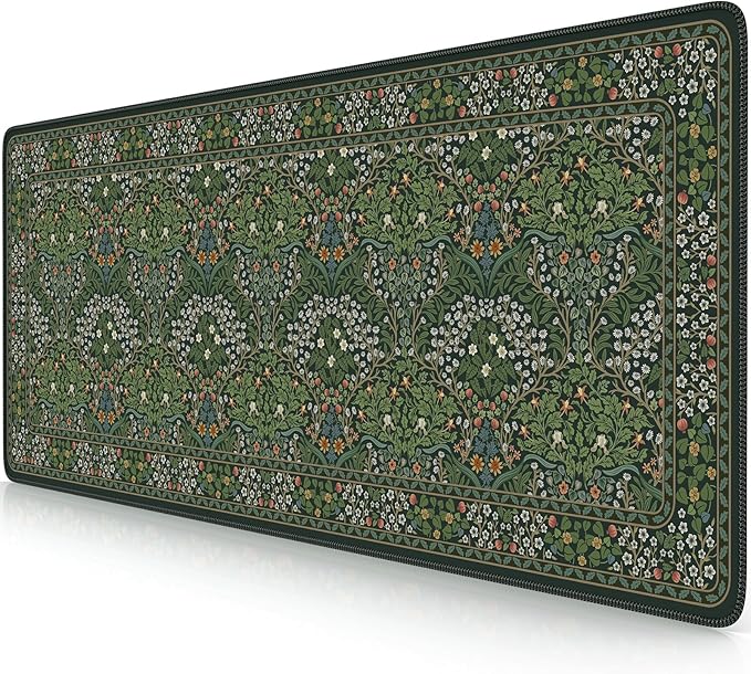 iCasso Aesthetic Floral Desk Mat, L Mouse Pads, Anti-Slip Mousepad with Stitched Edges, Waterproof Computer Pad 11.8"x31.5", Desk Accessories Office Decor for Women(Retro Green)