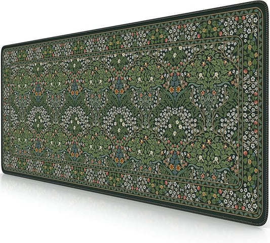 iCasso Aesthetic Floral Desk Mat, L Mouse Pads, Anti-Slip Mousepad with Stitched Edges, Waterproof Computer Pad 11.8"x31.5", Desk Accessories Office Decor for Women(Retro Green)