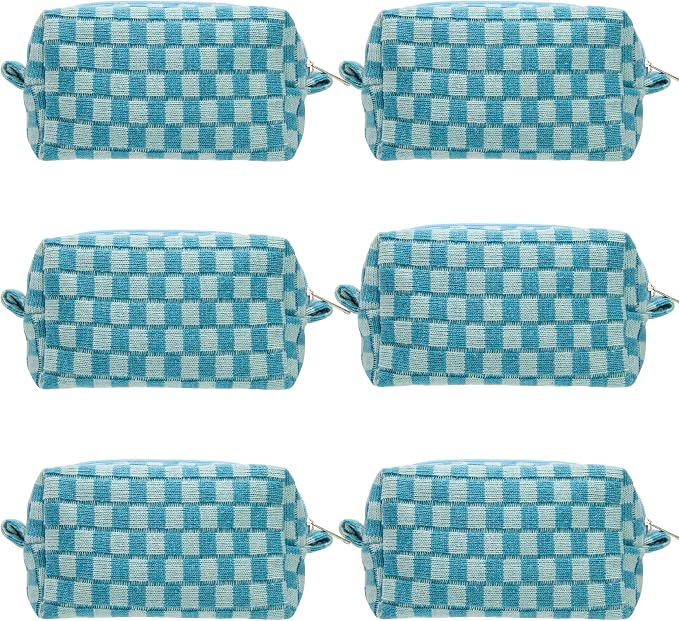 Checkered Makeup Bag for Purse, Small Cosmetic Pouch,Lake Blue,6 Pack | Cute Zipper Makeup Organizer for Women, Travel Essentials, Toiletries, Makeup Brushes, Beauty Accessories&Bridesmaid Gifts