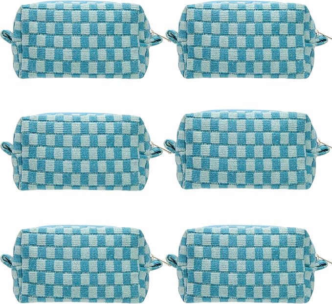 Checkered Makeup Bag for Purse, Small Cosmetic Pouch,Lake Blue,6 Pack | Cute Zipper Makeup Organizer for Women, Travel Essentials, Toiletries, Makeup Brushes, Beauty Accessories&Bridesmaid Gifts