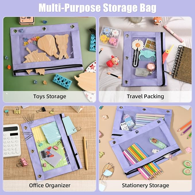 Lanpn Pencil Pouch for 3 Ring Binder 6 Pack, Purple Binder Pen Bags with Zipper, Cute 3 Holes Pencil Pouches Organizer for Boy Girl Kids School Student, Reinforced Grommets & Clear Window