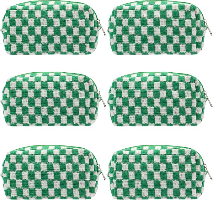 Checkered Makeup Bag for Purse, Small Travel Cosmetic Pouch,Green,6 Pack | Cute Zipper Makeup Organizer for Women, Travel Essentials, Toiletries, Makeup Brushes, Beauty Accessories&Bridesmaid Gifts