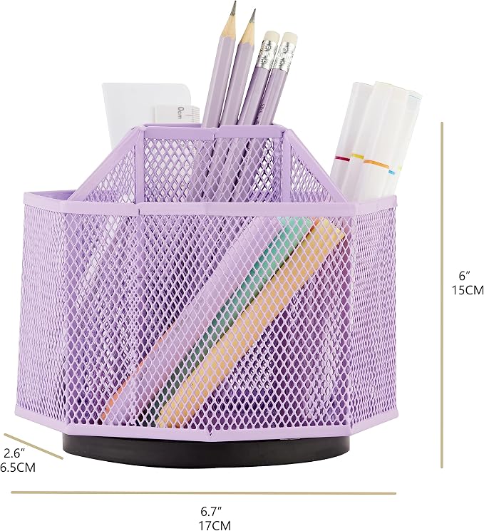 Annova Mesh Desk Organizer Rotate with 5 Compartments Spinning Tidy Candy/Pen Holder Office, Art Supply, Storage, Classroom, Home (Light Purple)