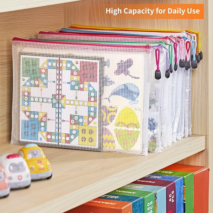 JARLINK A4 Mesh Zipper Pouch Bags, 72 Pcs Waterproof Zipper Pouch Bags | Multi-use Mesh Bags for Board Games & Puzzles, Office School Supplies, Toys, Cosmetics Travel Storage, 10 Colors, Lettle Size