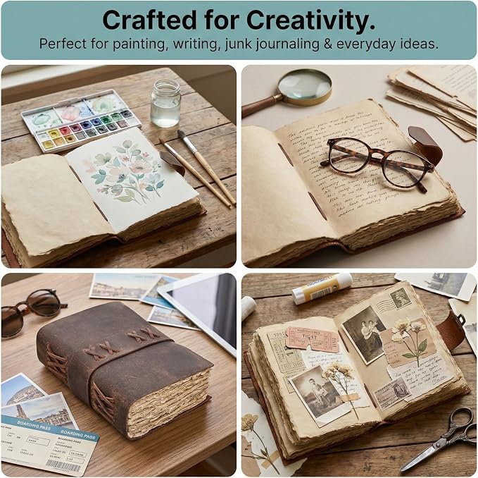 Leather Journal for Women & Men – Vintage Leather Bound Notebook with Lock, 200 Pages Handmade Deckle Edge Paper (200 GSM), Lay Flat Design, Book of Shadows