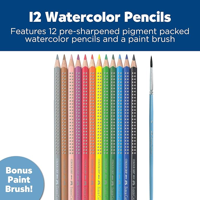 Faber-Castell Grip Watercolor EcoPencils: 12 Watercolor Pencils with Brush, Color Pencil Set, Art Supplies for Kids (Pack of 12)