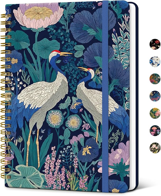 Taja Spiral Journal Notebook for Women, Pretty Hardcover Lined Notebook for Work & Note Taking, Aesthetic Cute Journal for Writing, 140 Pages, 5.8"x8.3", Midnight Cranes