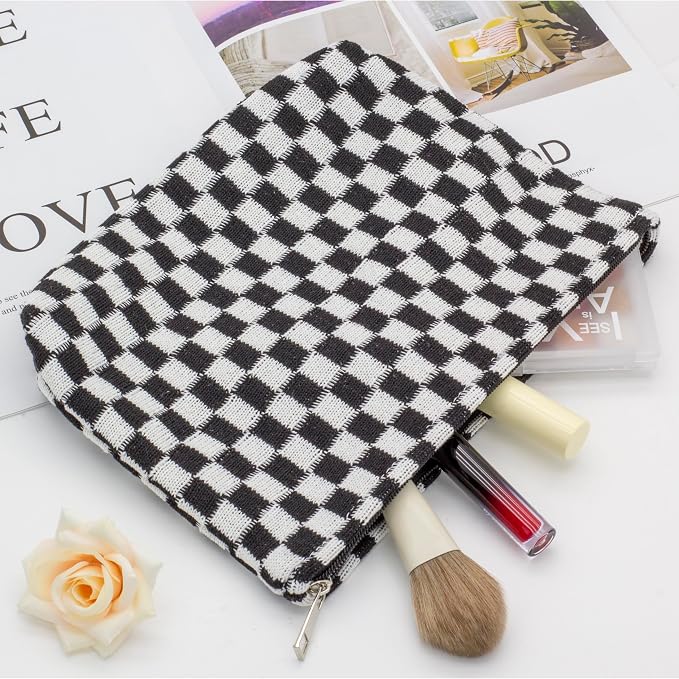 PAZIMIIK Checkered Makeup Bag for Purse, Small Flat Cosmetic Pouch,Black | Cute Zipper Makeup Organizer for Women, Travel Essentials, Toiletries, Makeup Brushes, Beauty Accessories&Bridesmaid Gifts