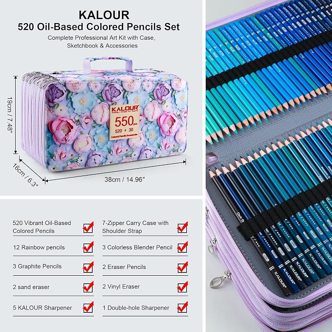 KALOUR PDAS Pro 550 Colored Pencils Set for Adults, Professional Colored Pencils for Artists, Soft Core Premium Coloring Pencils for Adult Coloring Books, Drawing, Sketching, Art Supplies with Case