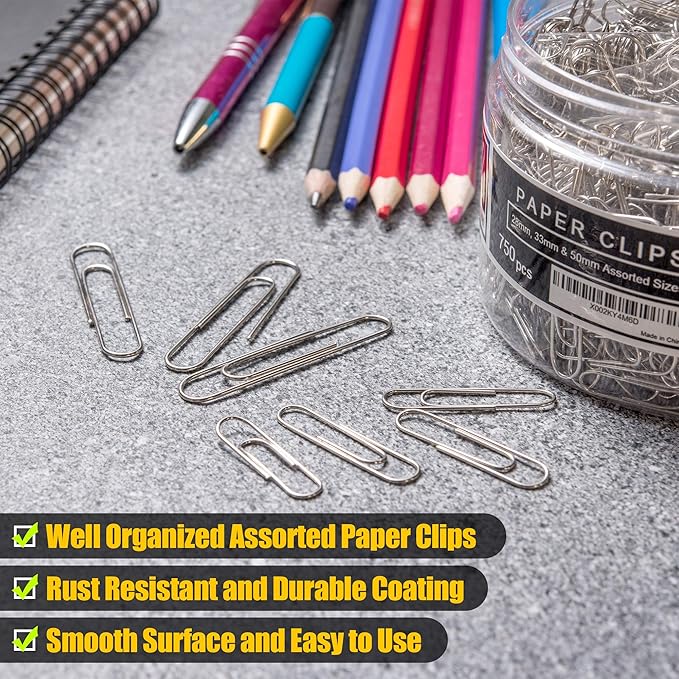 Kempshott 750 Paper Clips Assorted Sizes Small, Medium and Large Paper Clips for Paperwork Ideal for Home, School and Office Use (Assorted, Silver)