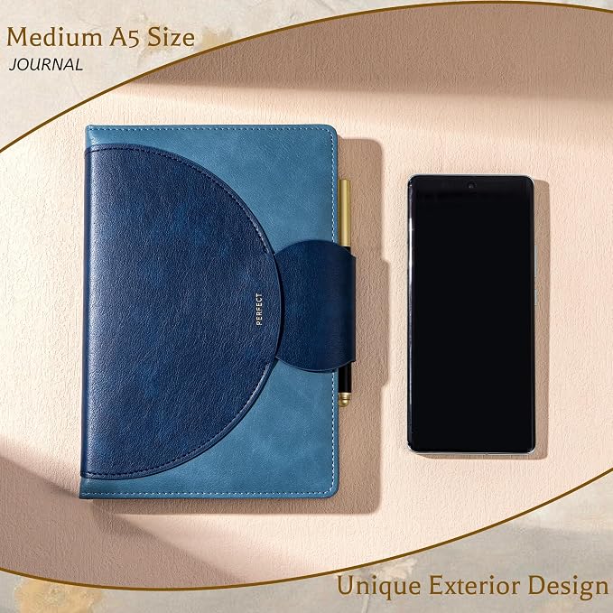 CAGIE Lined Journal for Women, 100GSM Leather Journals for Writing with Buckle Closure,A5 Hardcover Diary Journaling Notebooks for Business Work School Note Taking 5.9" x8.5 Blue