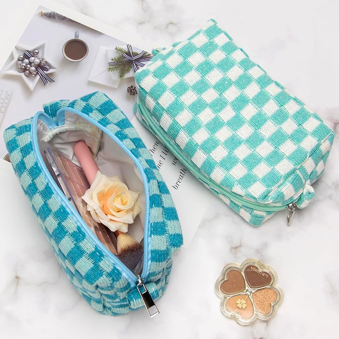 Checkered Makeup Bag for Purse, Small Cosmetic Pouch,Arctic Blue,6 Pack | Cute Zipper Makeup Organizer for Women, Travel Essentials, Toiletries, Makeup Brushes, Beauty Accessories&Bridesmaid Gifts