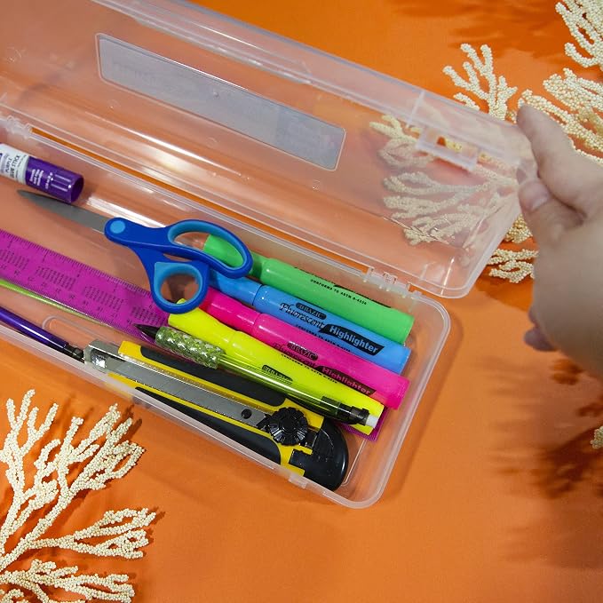 BAZIC PRODUCTS Clear Ruler-Length Pencil Box, 4-Pack | 13 3/8 x 5 3/8 x 2 1/2 in, snap-latch lid for long supplies