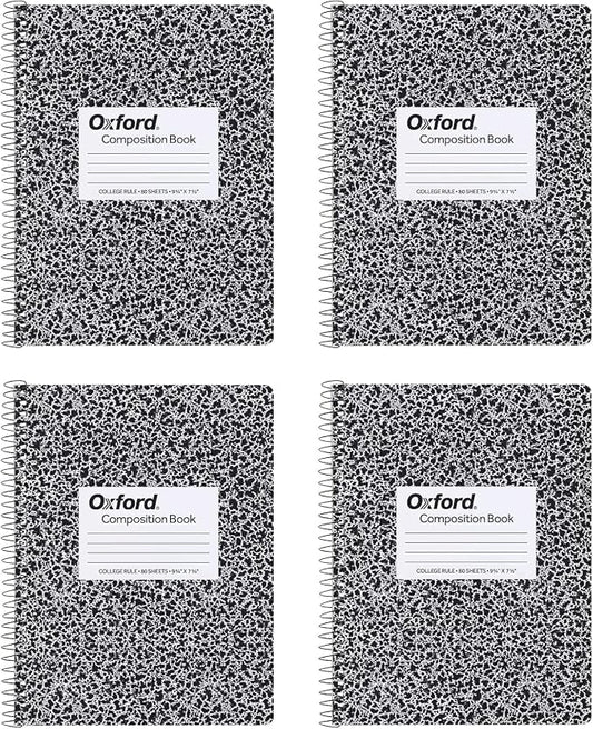 Oxford Spiral Composition Notebooks, 4 Pack, College Ruled Paper, 9-3/4 x 7-1/2 Inches, 80 Sheets, Black Marble Cover (64951)