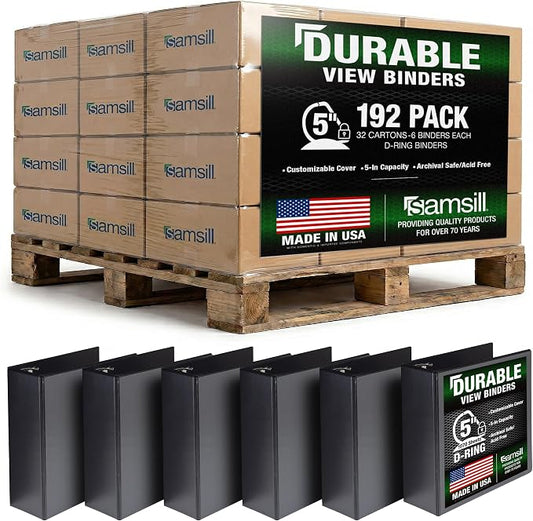 Samsill Durable 5 inch 3 Ring Binder, Locking D Ring 100% Recycled Chipboard, Black, Pallet of 192 Binders in 32 Cartons