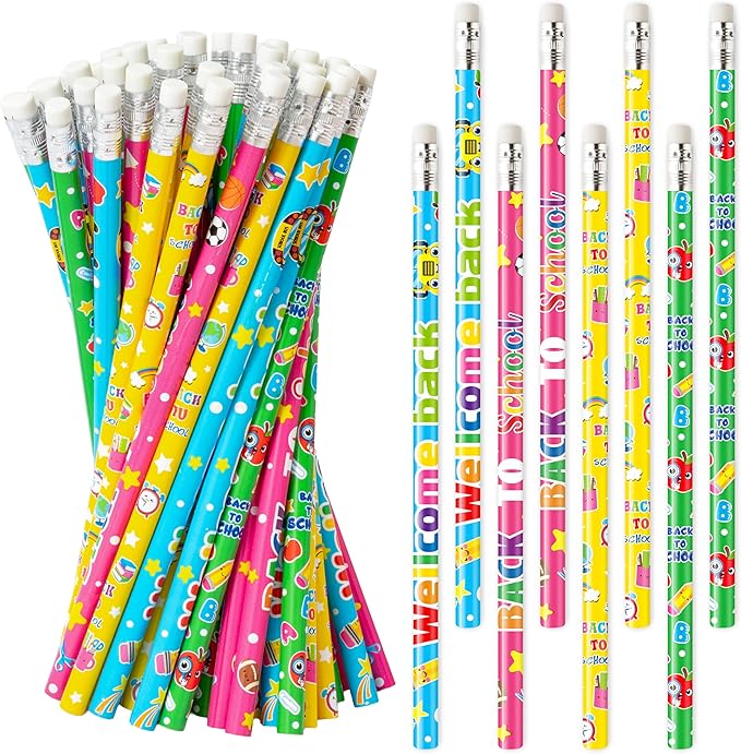 Xqumoi 60Pcs Back to School Pencils with Erasers - 4 Designs #2 HB Pencil in Bulk Welcome Back to School Stationery for Student Classroom Rewards Goodie Bag Fillers Birthday Party Favors Supplies