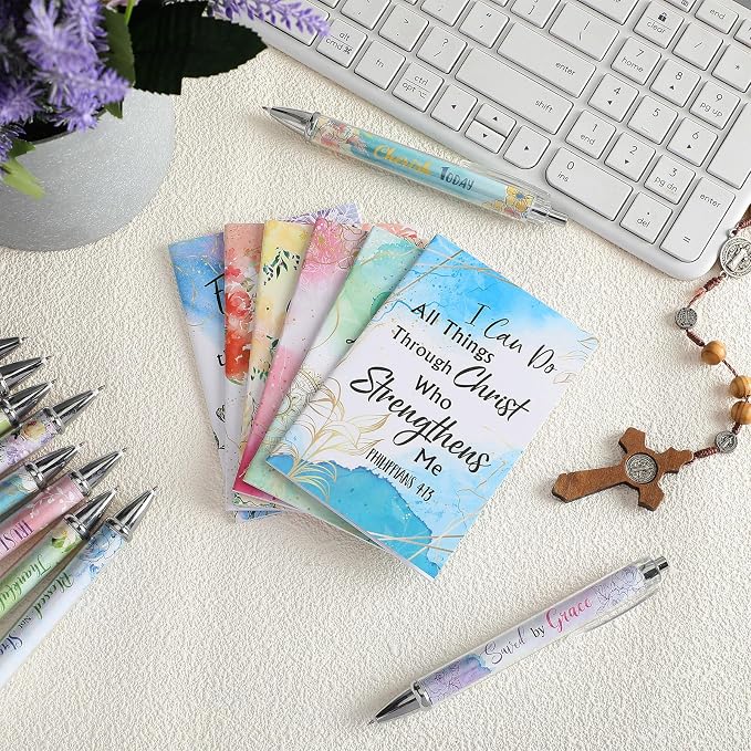 Colarr 12 Sets Christian Bulk Gifts for Women Bible Verse Pens Notebooks Religious VBS Scripture Ballpoint Pens Bookmarks Journal for Easter Sunday School Church Inspirational Supply(Flower)