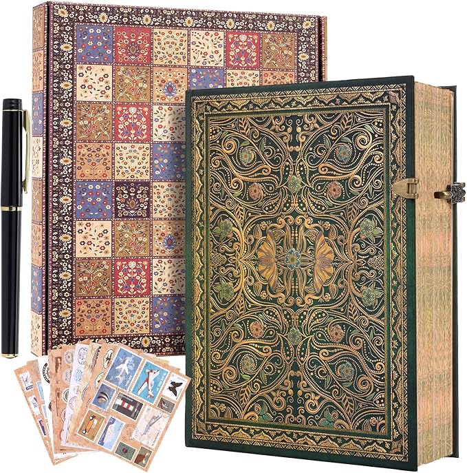 Retro 3D Hot Stamping Green Butterfly Flower Cover Notebook,Contains 96 Sheets/192 Blank Lines Lined Journal,With Envelope Pocket Journal,Suitable As A Notebook,Travel Diary,Wedding Anniversary.