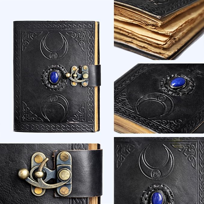 cuero 3 Moon Blue Lapis Embossed Vintage Leather Journal for Men & Women - 176 Pages, Antique Handmade Deckle Edge Vintage Paper, Leather Journal Writing Notebook Dairy Gift(10 inch by 13 inch, Black) [Unknown Binding]