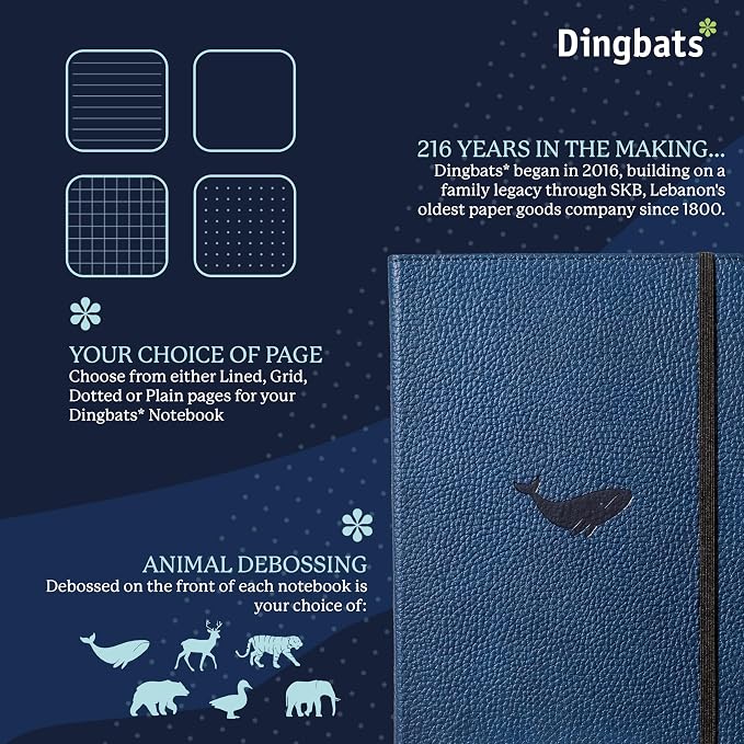 Dingbats* Wildlife Grid Writing Journal Notebook A5 - Vegan Leather Hardcover - Ideal for Work, Travel - Pocket, Elastic Closure, & Bookmark
