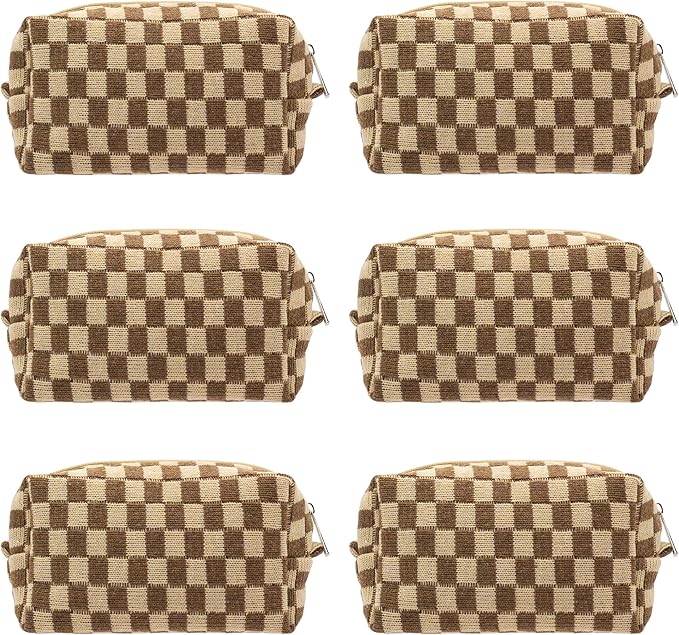 Checkered Makeup Bag for Purse, Small Travel Cosmetic Pouch,Coffee,6 Pack | Cute Zipper Makeup Organizer for Women, Travel Essentials, Toiletries, Makeup Brushes, Beauty Accessories&Bridesmaid Gifts